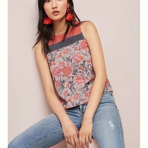 Floral Sleeveless Top Orange Red Blue Meadow Rue Anthropologie Poppy Jacquard S